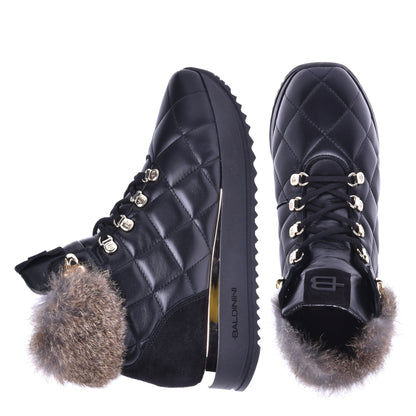 Sneakers montantes en nappa matelassé noir et fourrure de lapin