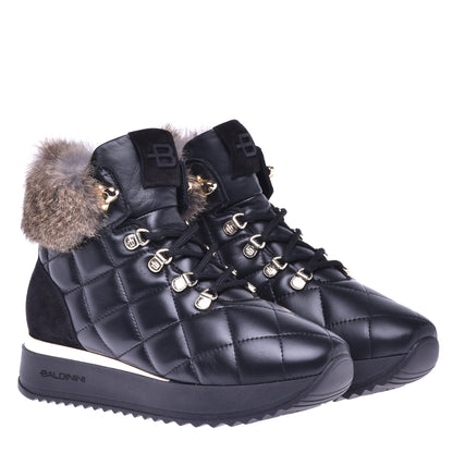 Sneakers montantes en nappa matelassé noir et fourrure de lapin