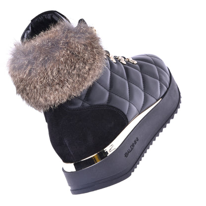 Sneakers montantes en nappa matelassé noir et fourrure de lapin