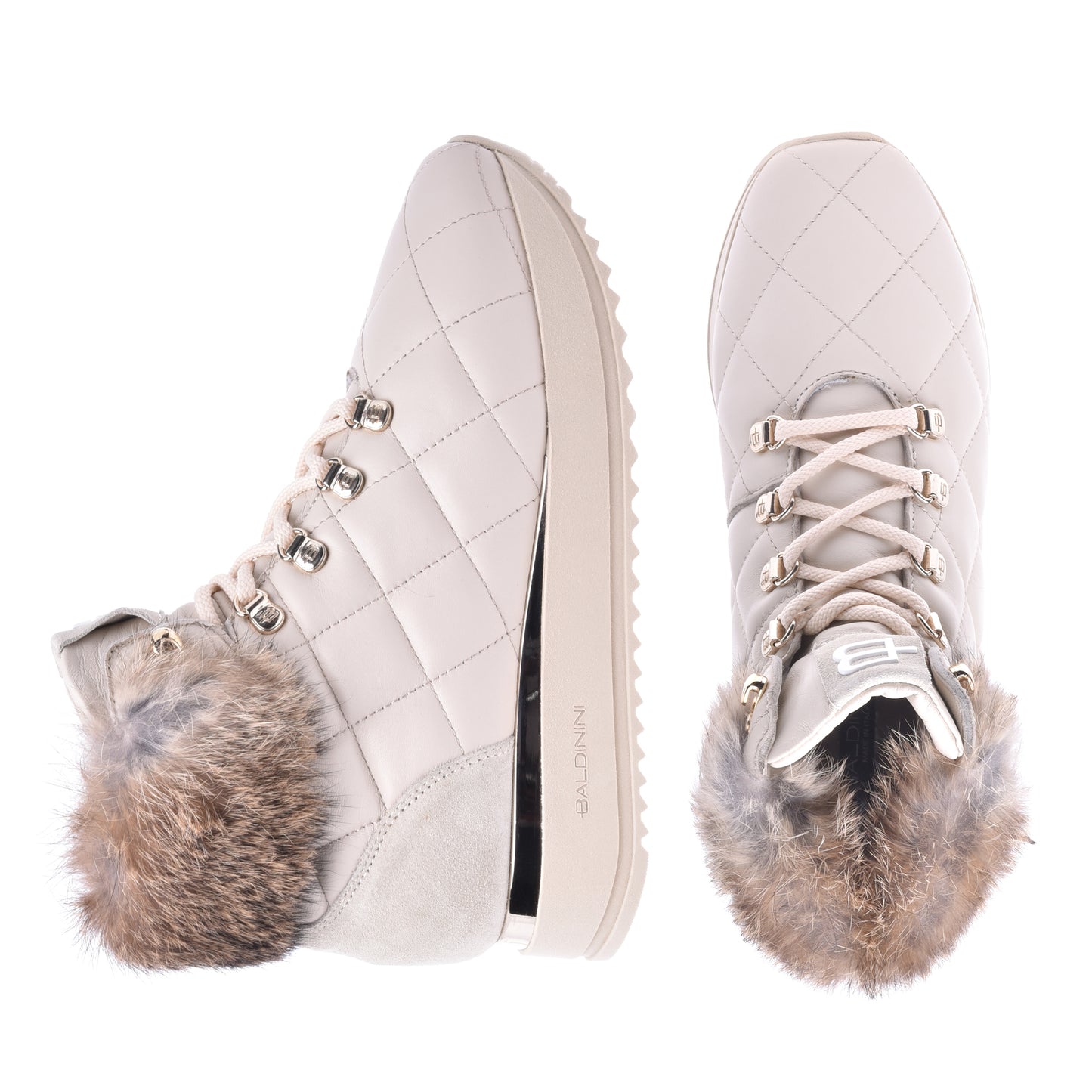 Sneakers montantes en nappa matelassé vanille et fourrure de lapin