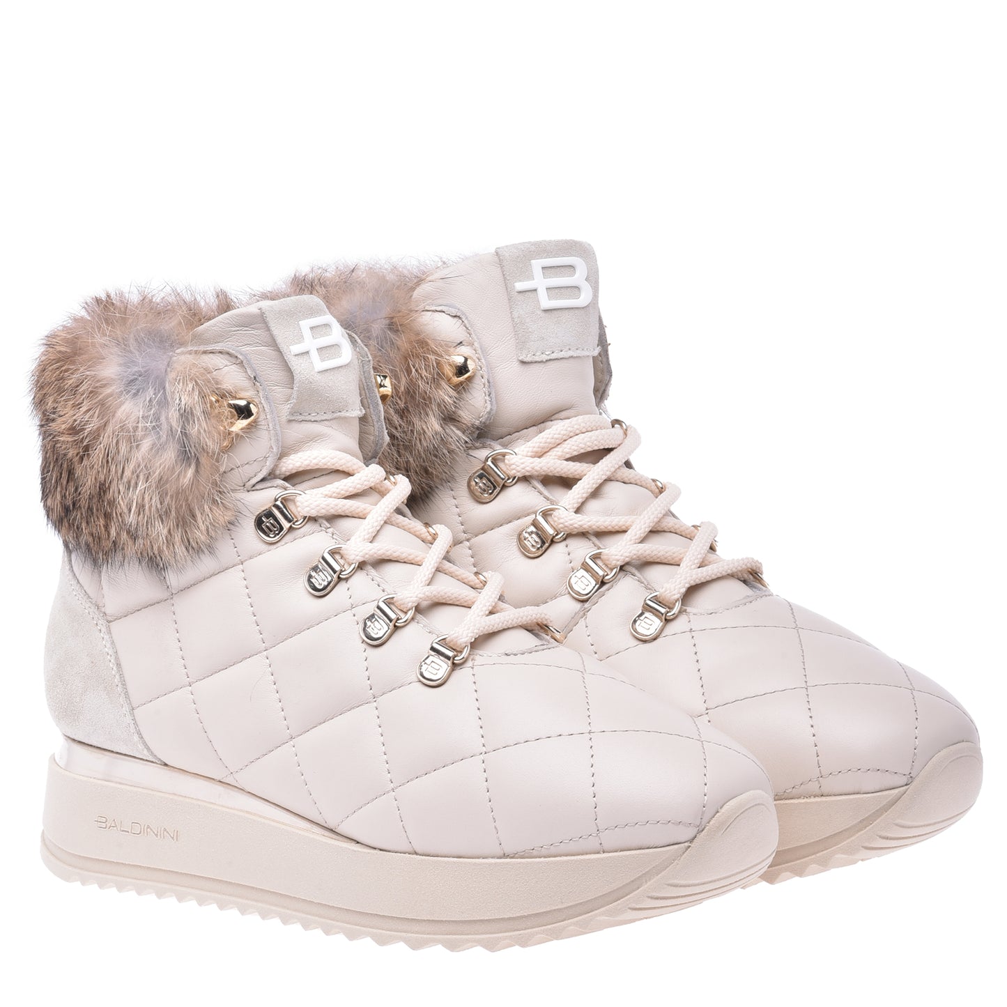 Sneakers montantes en nappa matelassé vanille et fourrure de lapin