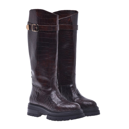 Botte en croco imprimé brun foncé