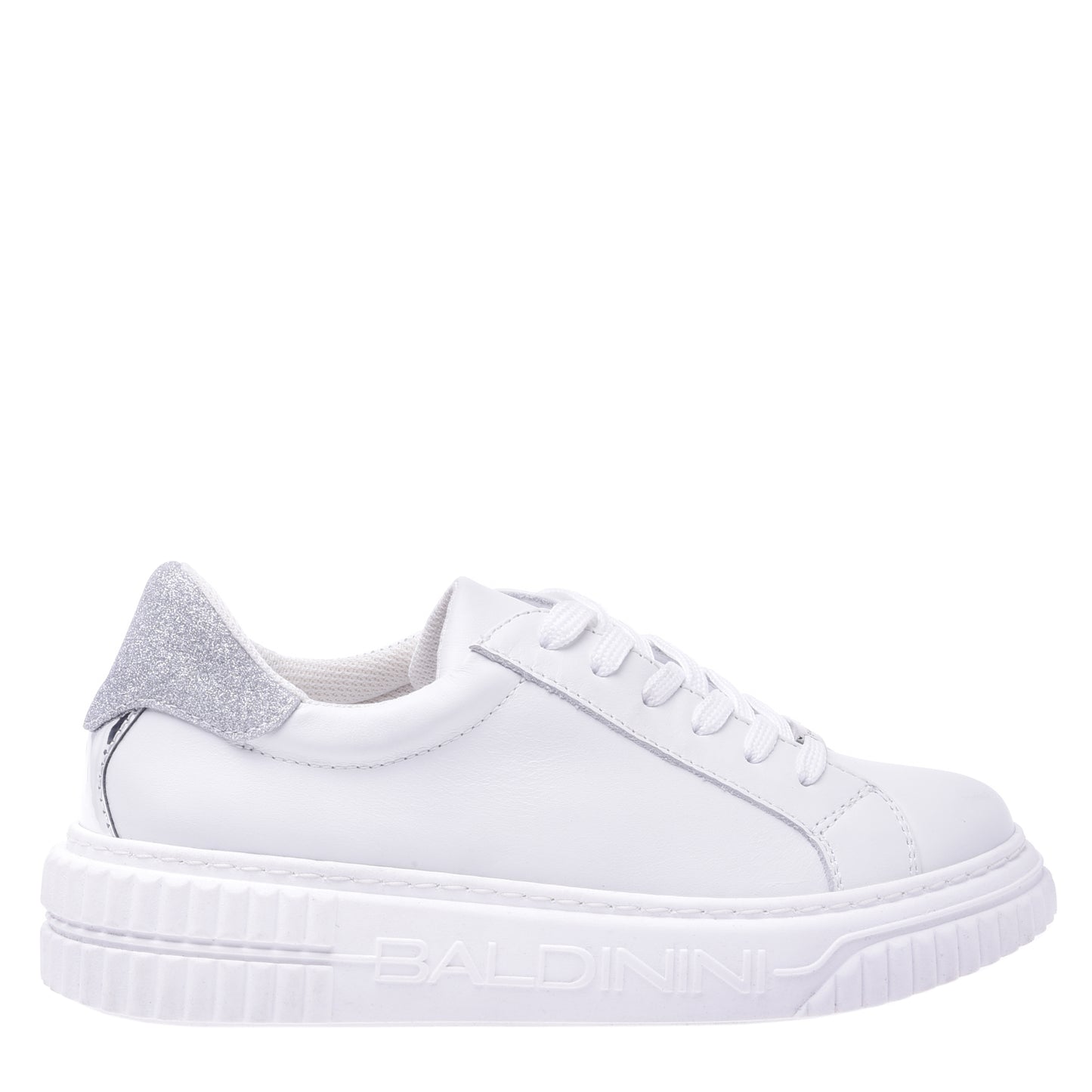 Basket tennis en cuir de veau blanc et paillettes argentées