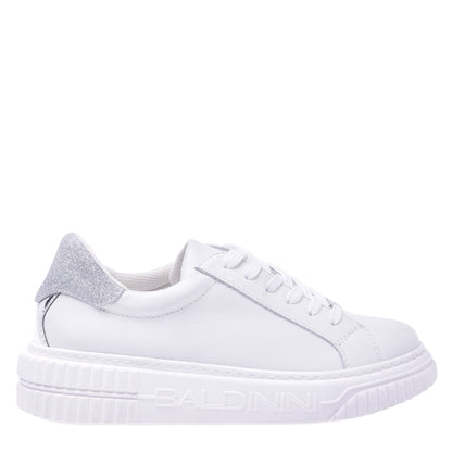 Basket tennis en cuir de veau blanc et paillettes argentées