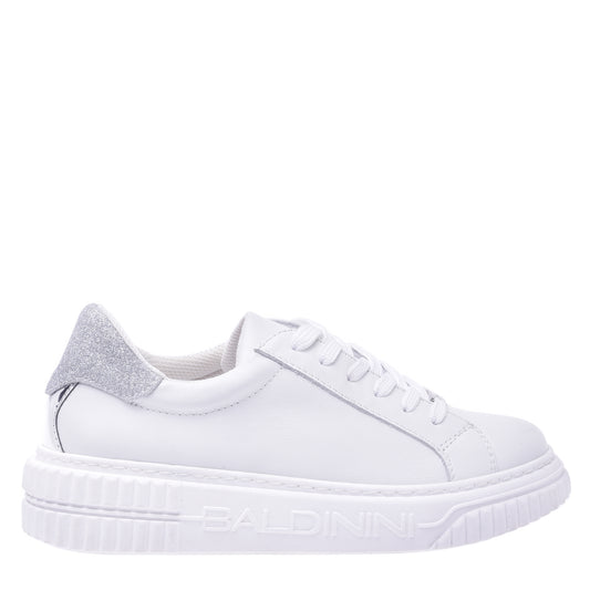 Basket tennis en cuir de veau blanc et paillettes argentées