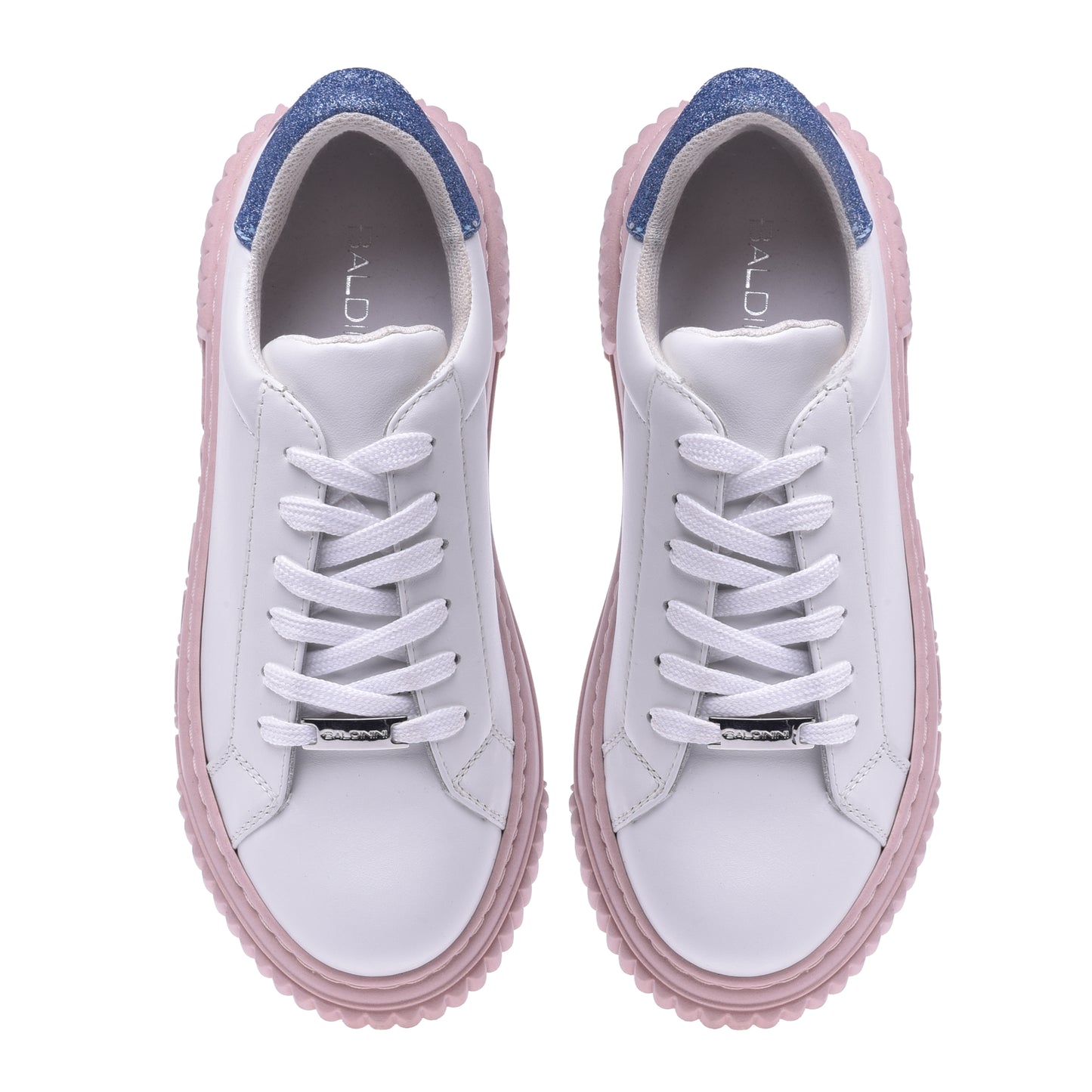 Basket tennis en cuir de veau blanc et paillettes bleu clair