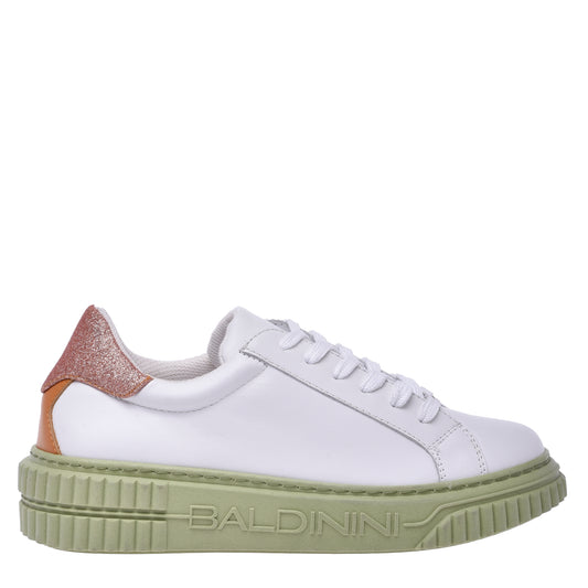 Basket tennis en cuir de veau blanc et paillettes orange