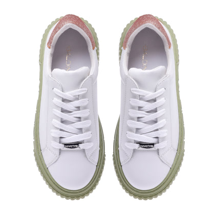 Basket tennis en cuir de veau blanc et paillettes orange