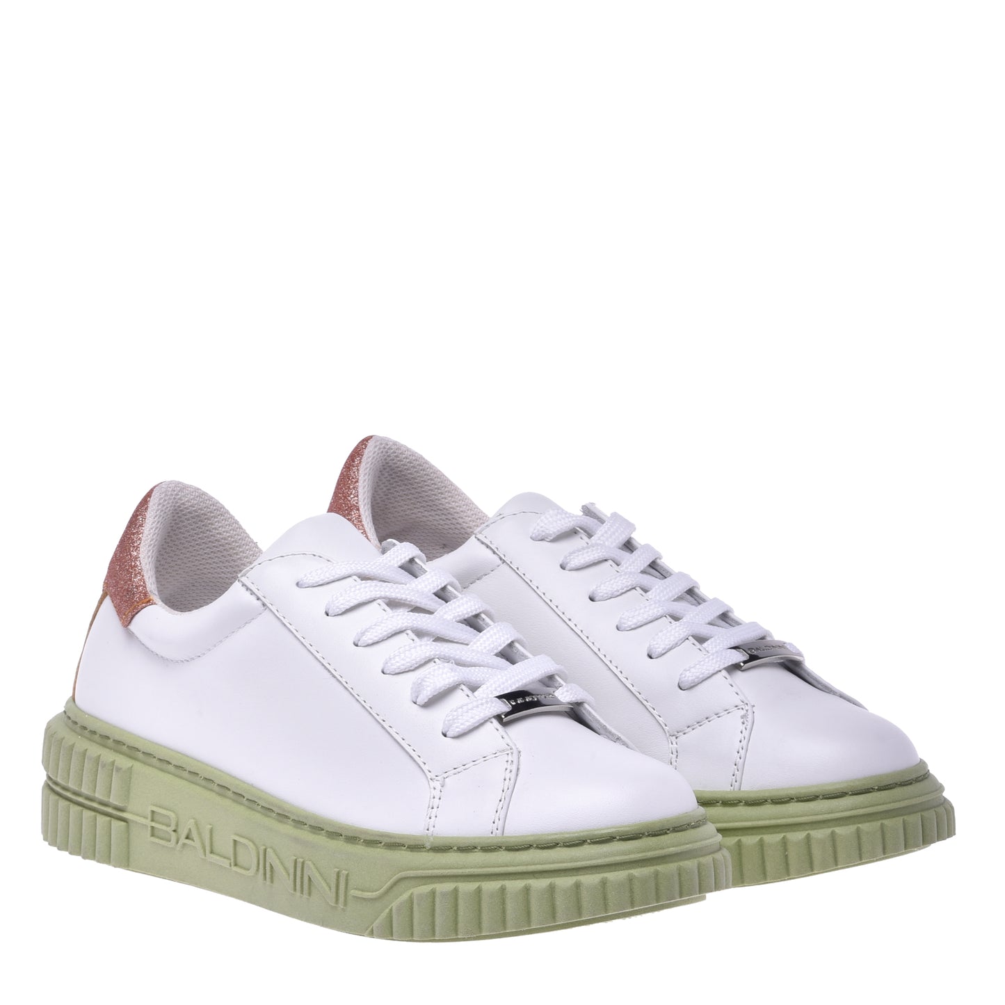 Basket tennis en cuir de veau blanc et paillettes orange