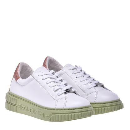 Basket tennis en cuir de veau blanc et paillettes orange
