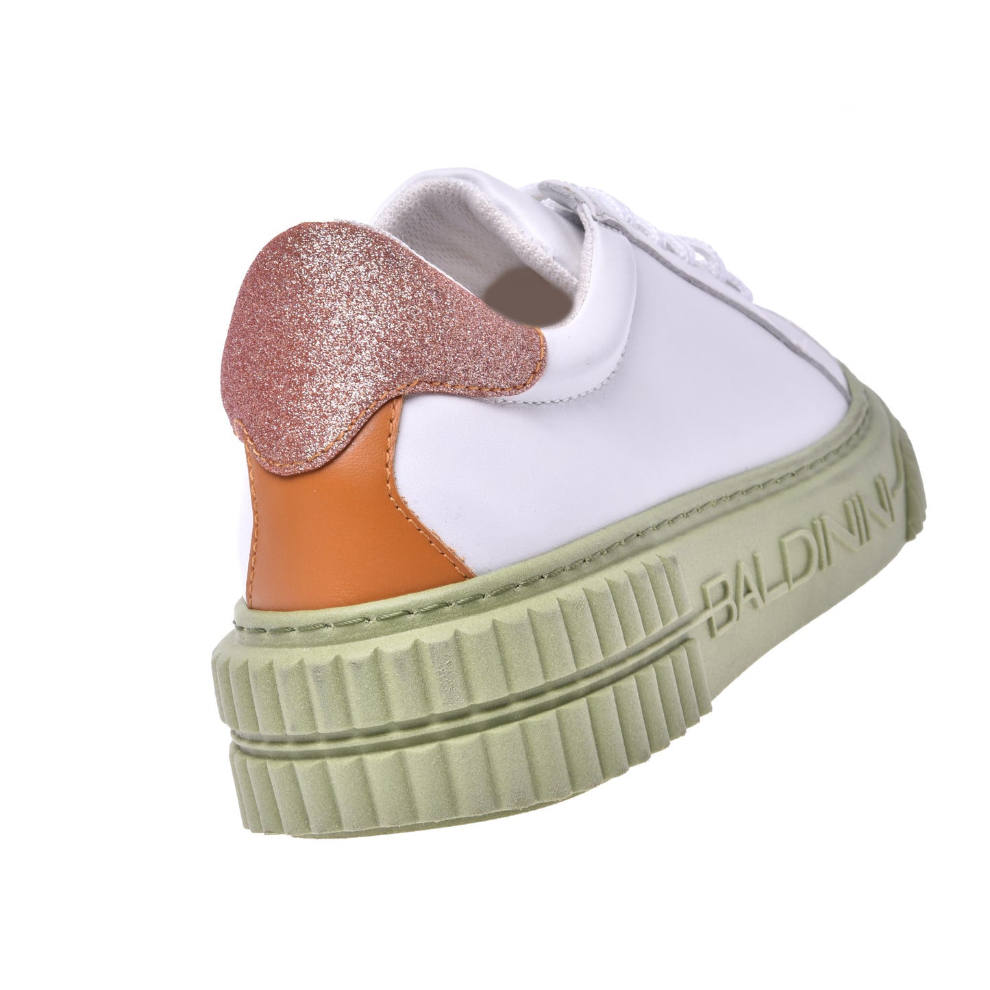 Basket tennis en cuir de veau blanc et paillettes orange