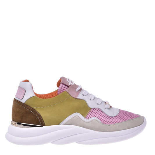 Basket running en croûte de cuir vert citron et tissu rose
