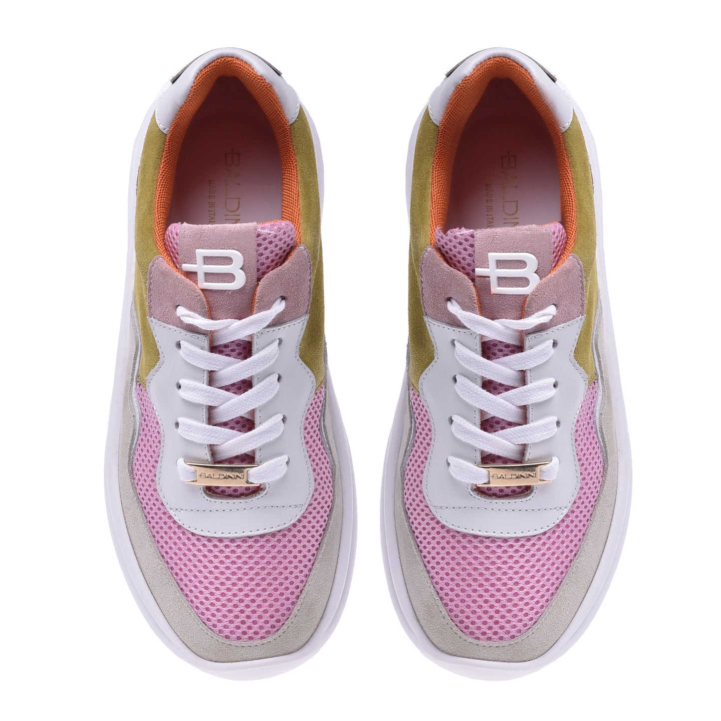 Basket running en croûte de cuir vert citron et tissu rose