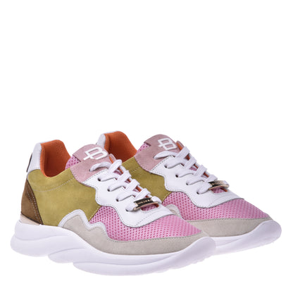 Basket running en croûte de cuir vert citron et tissu rose