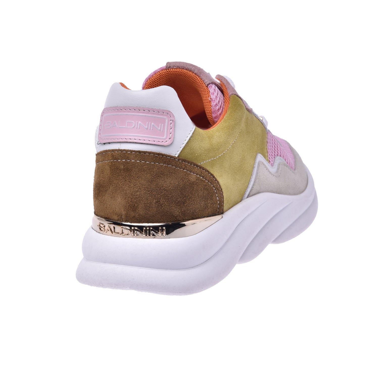 Basket running en croûte de cuir vert citron et tissu rose