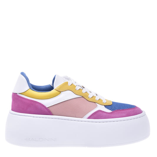 Basket de tennis en tissu rose et cuir nappa jaune