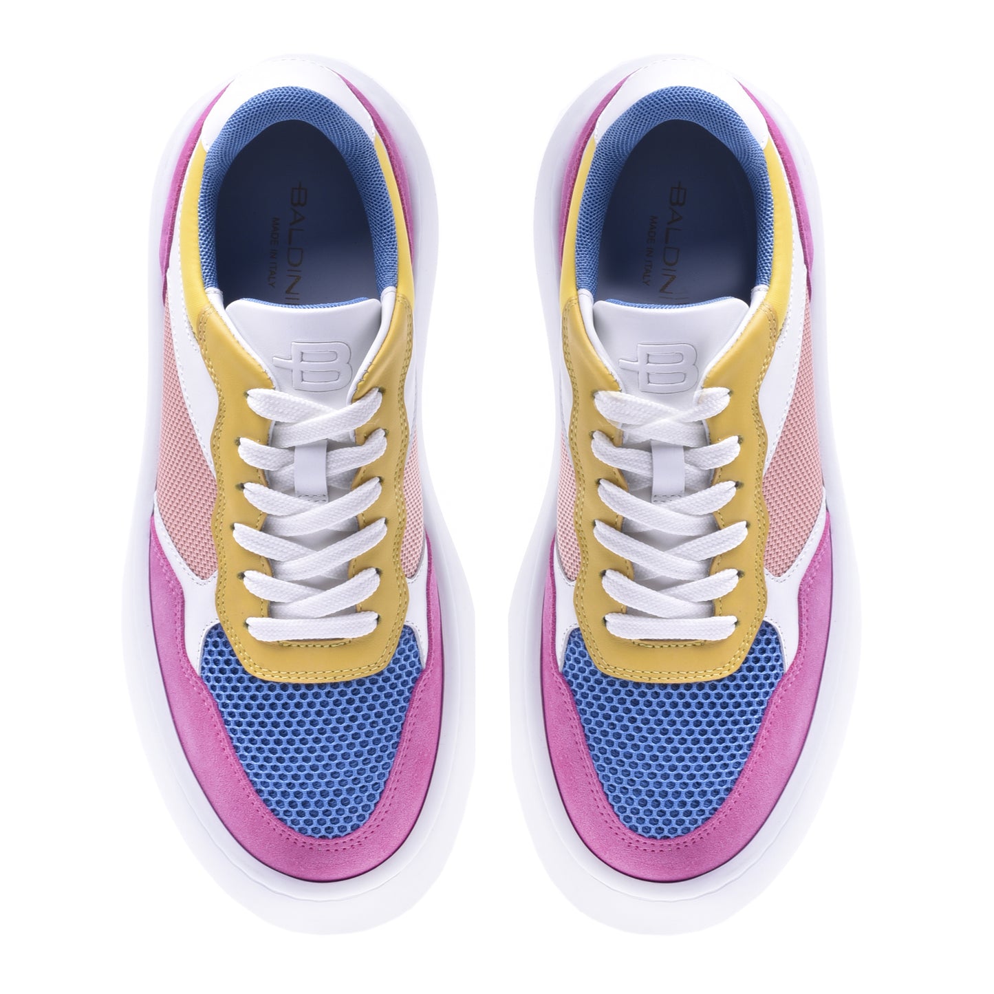 Basket de tennis en tissu rose et cuir nappa jaune