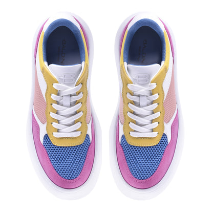 Basket de tennis en tissu rose et cuir nappa jaune