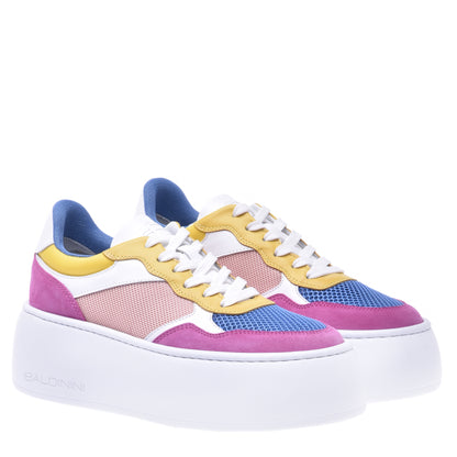 Basket de tennis en tissu rose et cuir nappa jaune