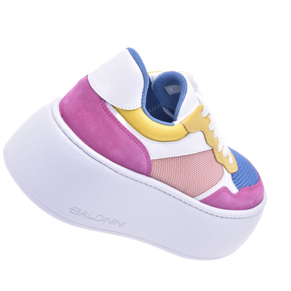 Basket de tennis en tissu rose et cuir nappa jaune