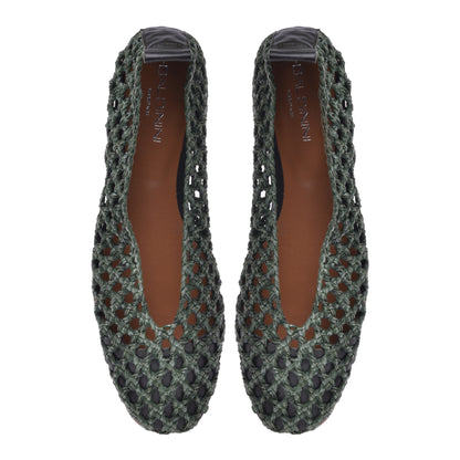 Ballerines en cuir de veau tressé vert