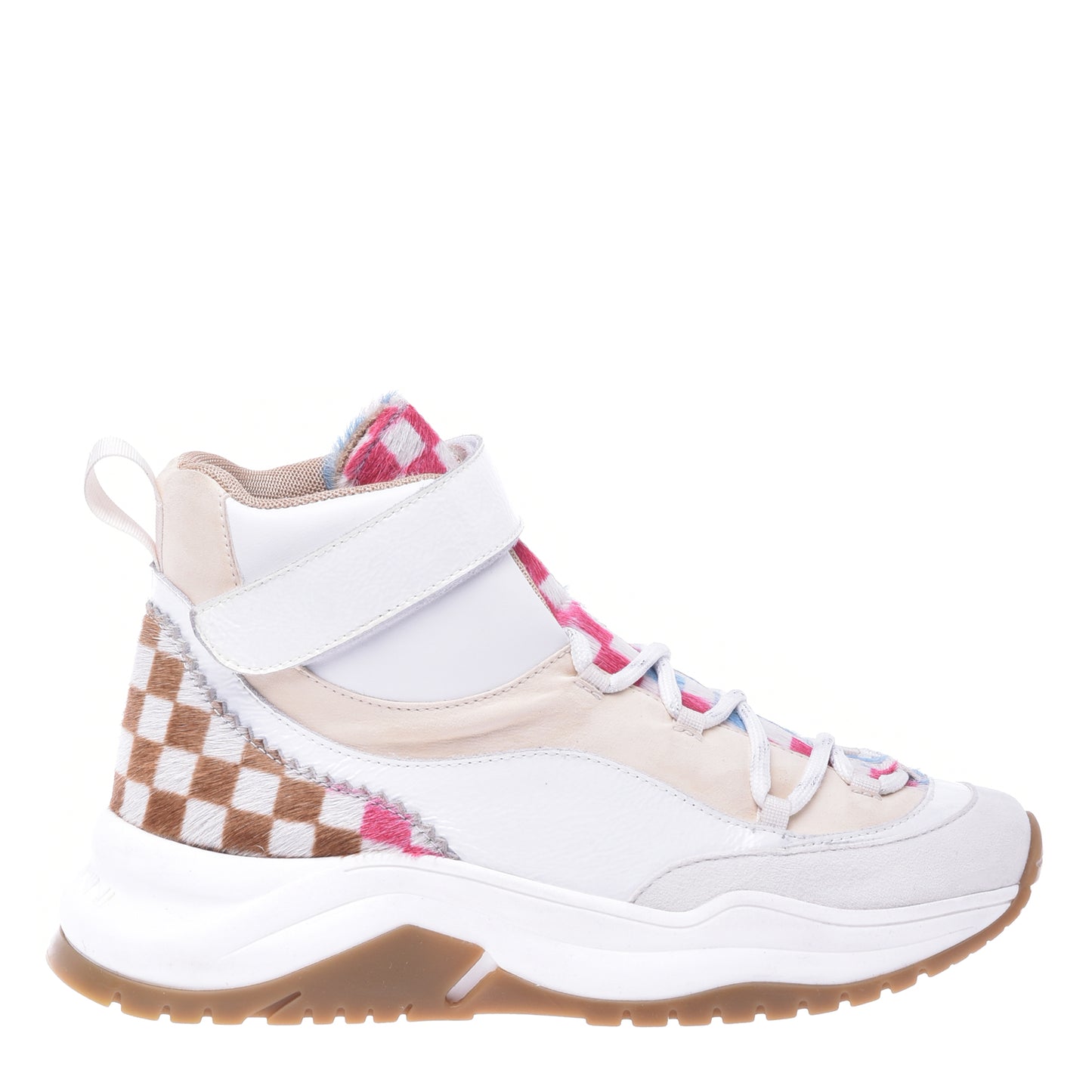 Baskets montantes en cuir nappa blanc et peau de poney multicolore