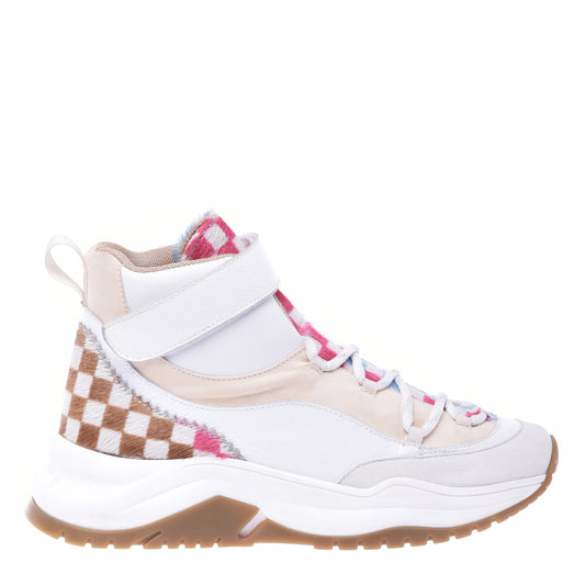 Baskets montantes en cuir nappa blanc et peau de poney multicolore