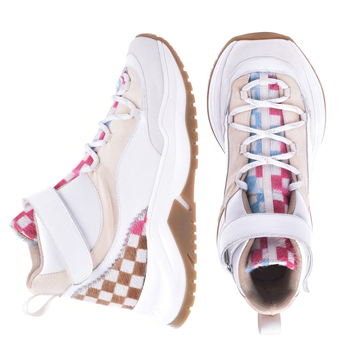 Baskets montantes en cuir nappa blanc et peau de poney multicolore