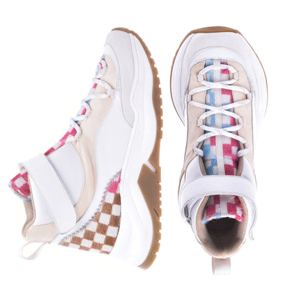 Baskets montantes en cuir nappa blanc et peau de poney multicolore