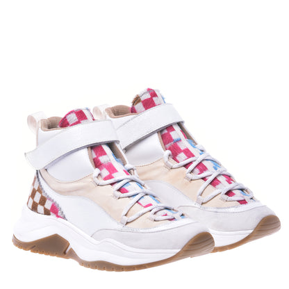 Baskets montantes en cuir nappa blanc et peau de poney multicolore