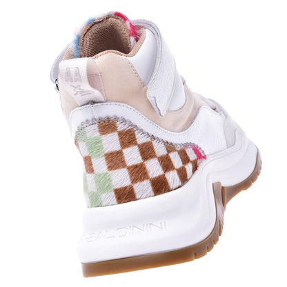 Baskets montantes en cuir nappa blanc et peau de poney multicolore