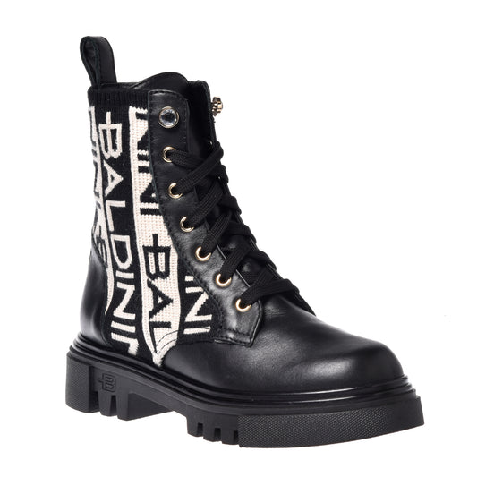 Black and beige calfskin and fabric ankle boot