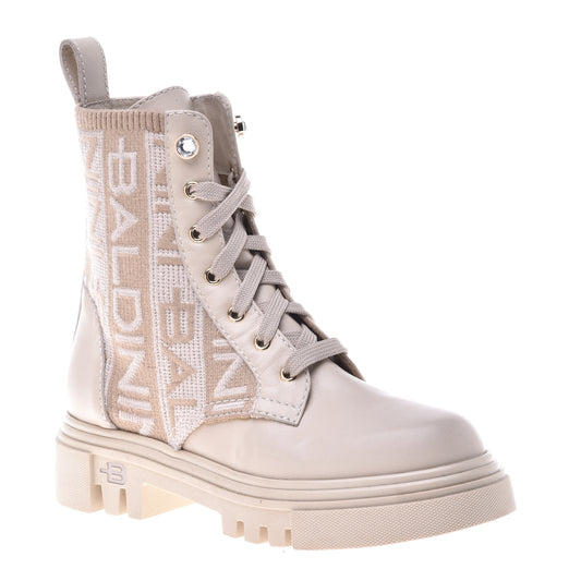 Beige leather and fabric ankle boots