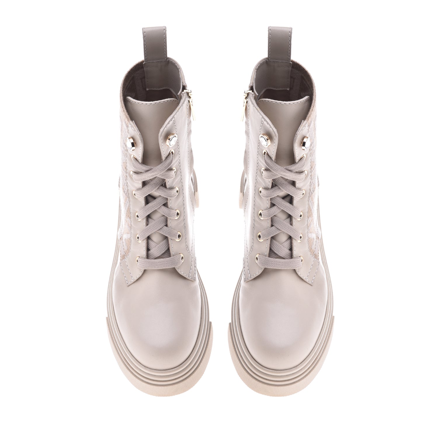 Beige leather and fabric ankle boots