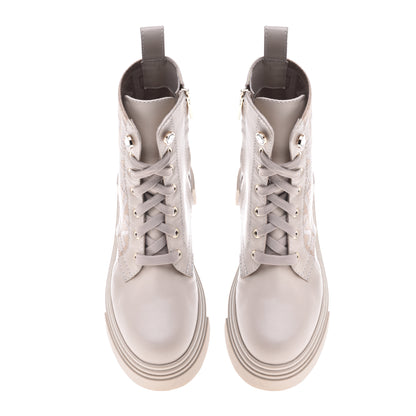 Beige leather and fabric ankle boots
