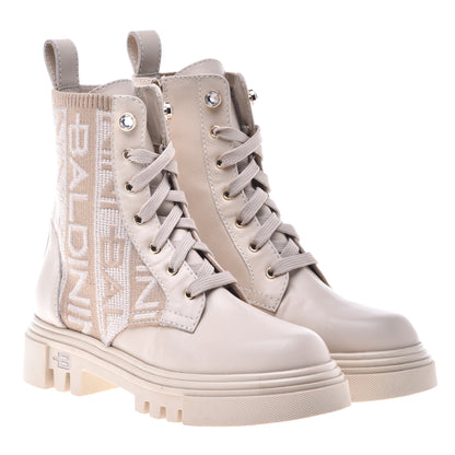 Beige leather and fabric ankle boots