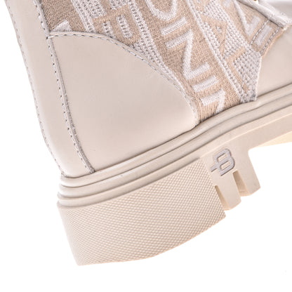 Beige leather and fabric ankle boots