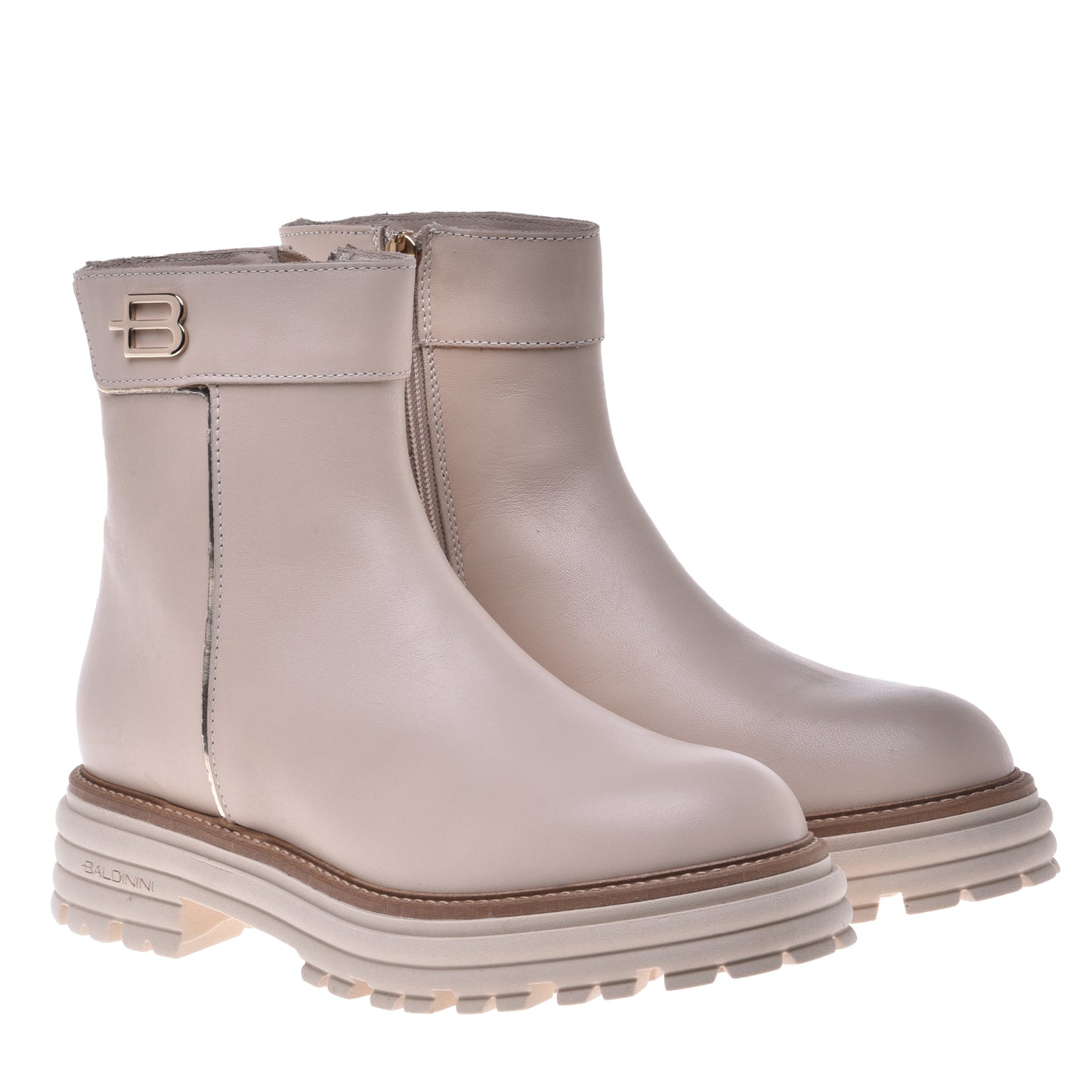 Beige and platinum calfskin ankle boots