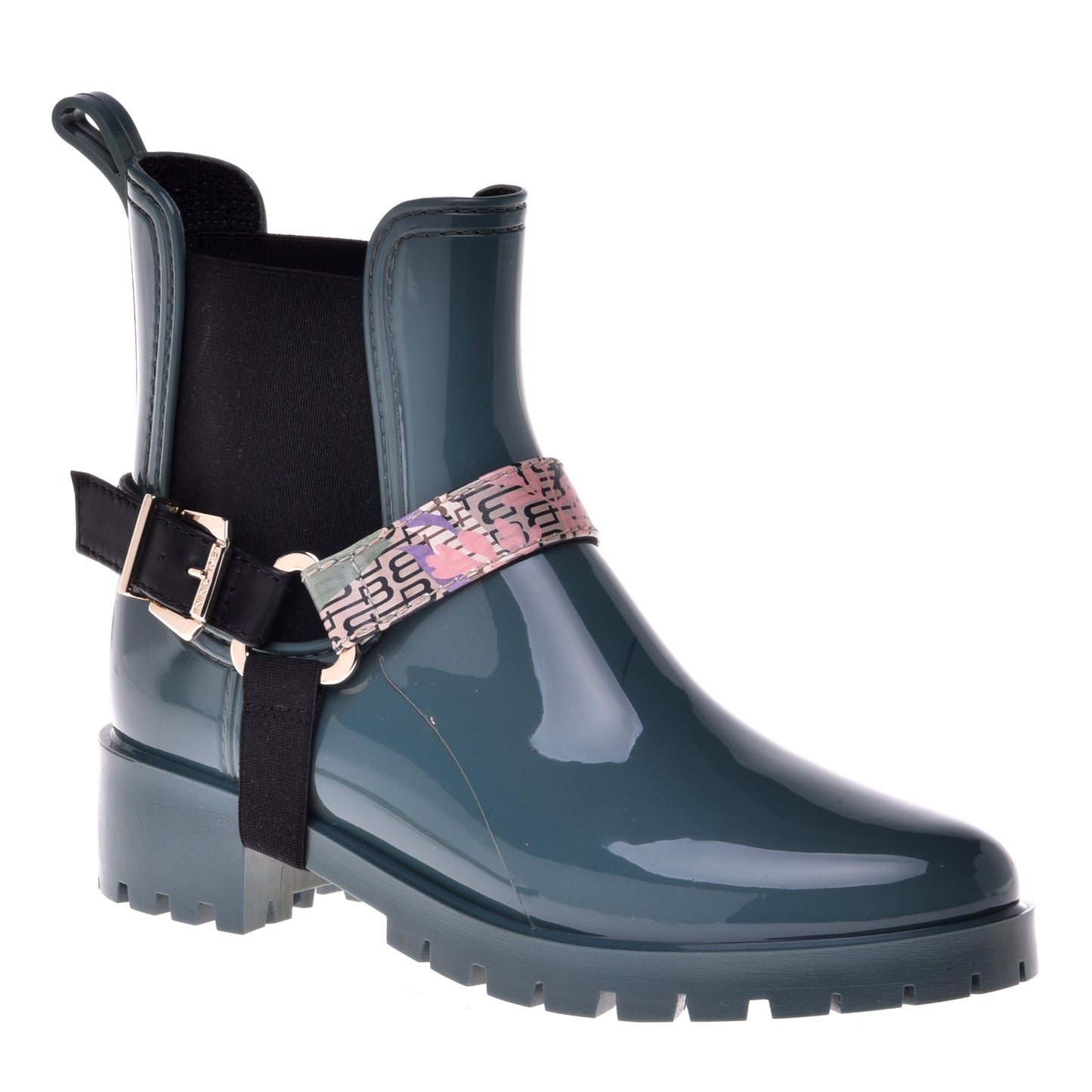 Rubber ankle boot with green leather inserts