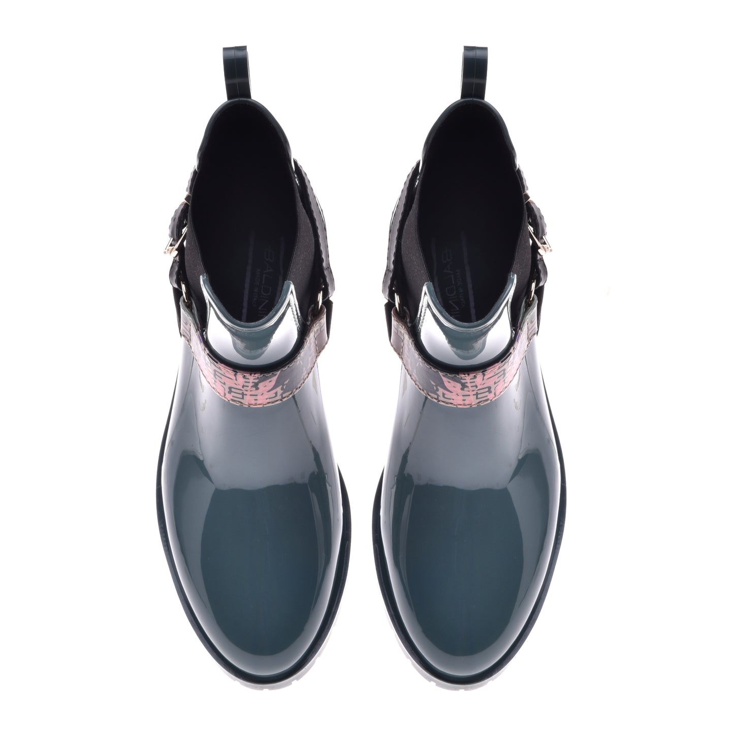 Rubber ankle boot with green leather inserts