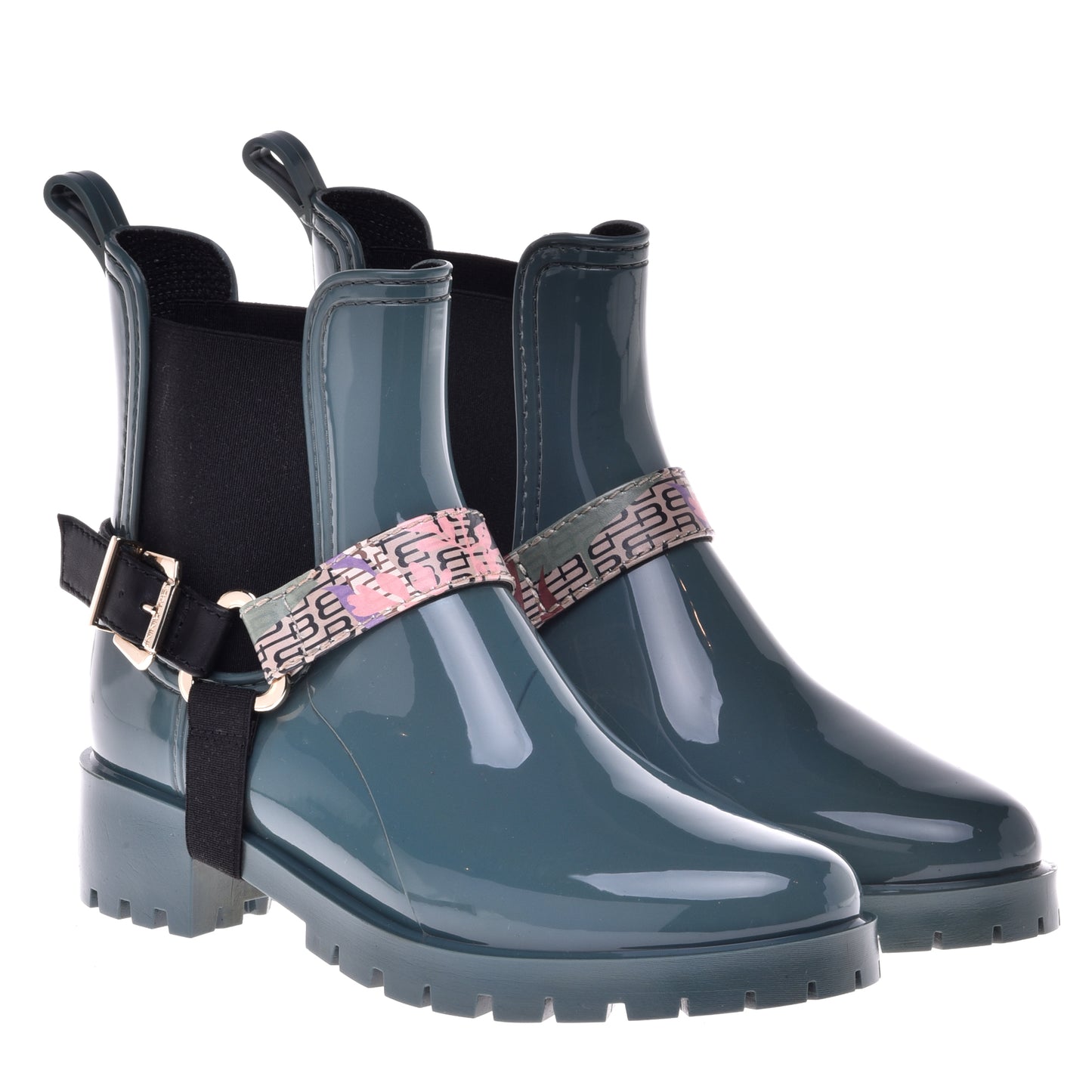 Rubber ankle boot with green leather inserts