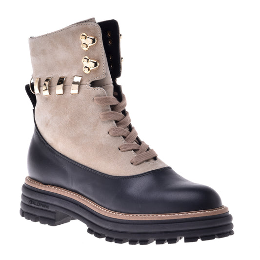 Calfskin ankle boots in black, mud and platinum