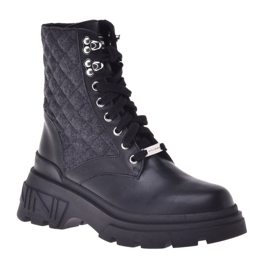 Black and grey calfskin and fabric ankle boot