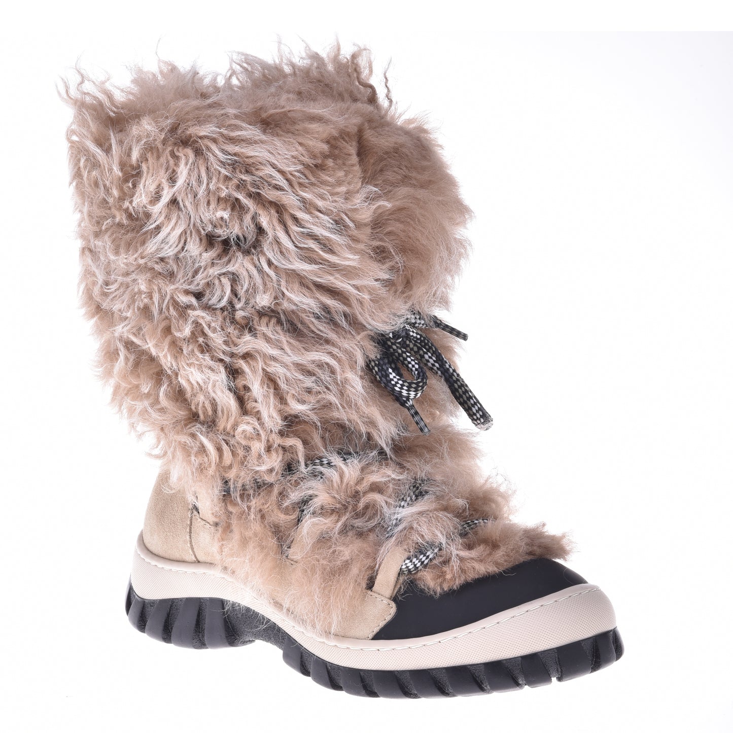 Leather ankle boot with fur inserts in black and taupe