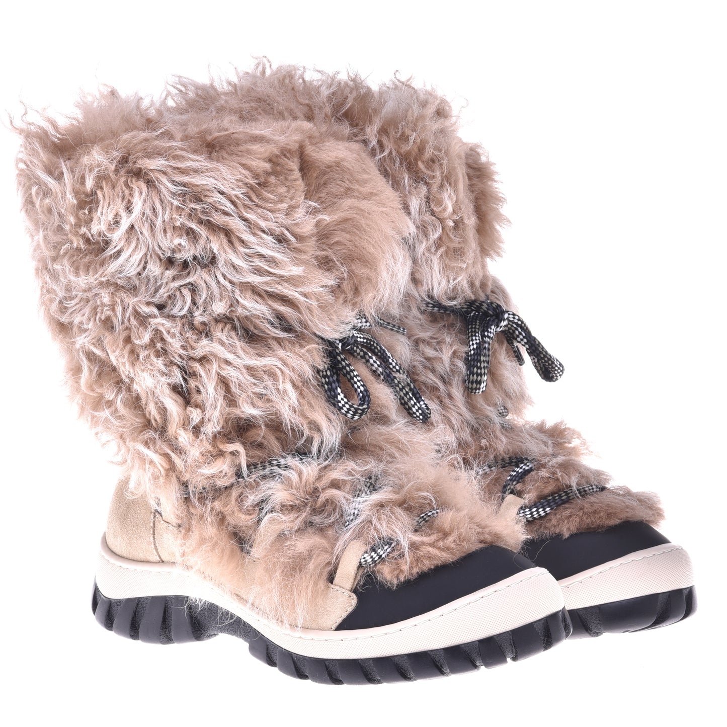 Leather ankle boot with fur inserts in black and taupe
