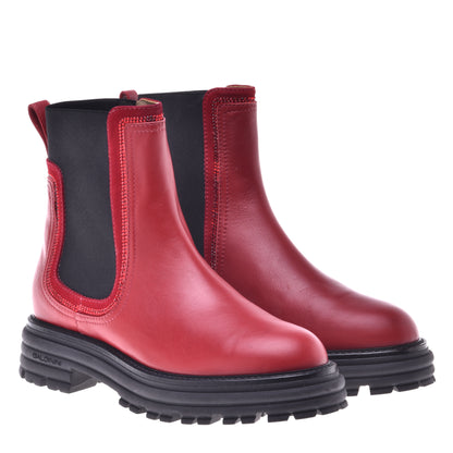 Red ankle boots in calfskin and elasticated fabric