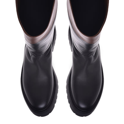 Black and tan calfskin boots