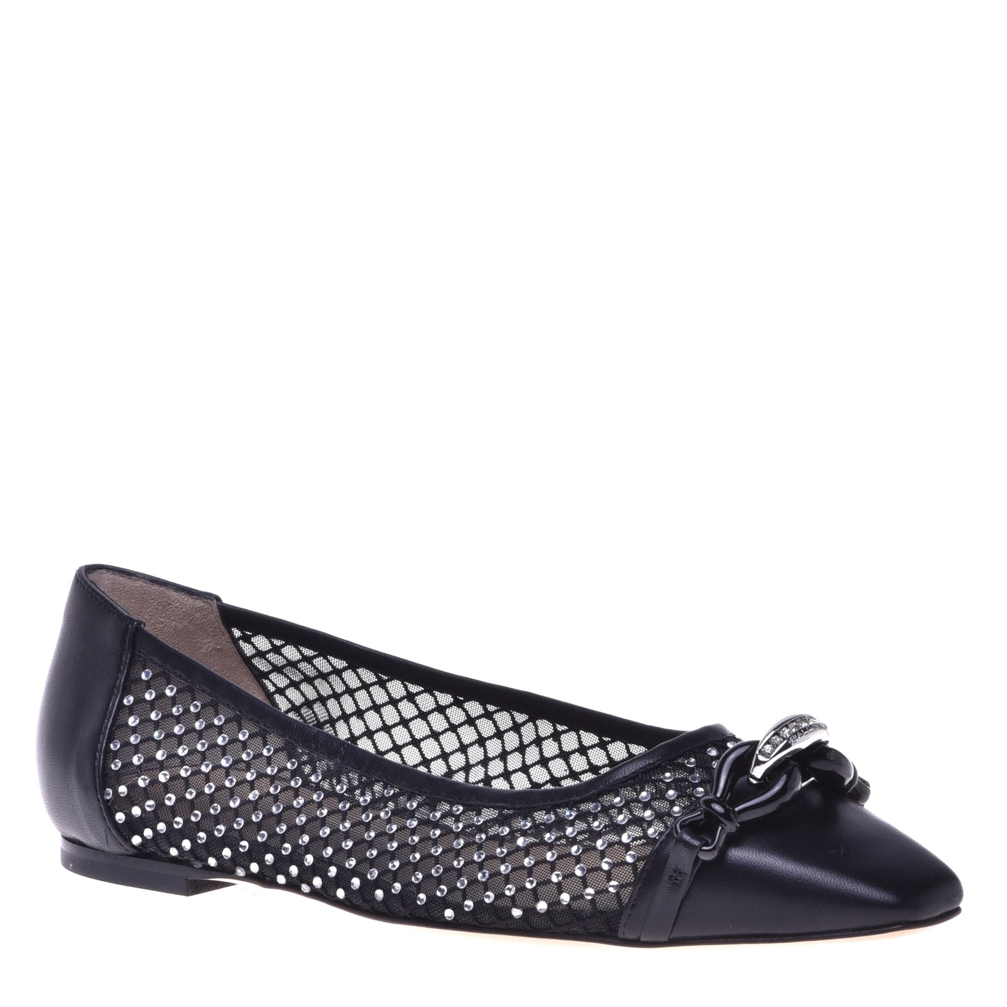 Ballerine noire en cuir de veau, résille et strass