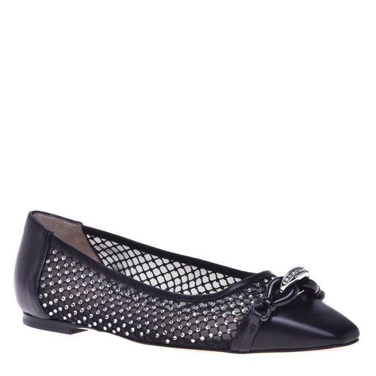 Ballerine noire en cuir de veau, résille et strass
