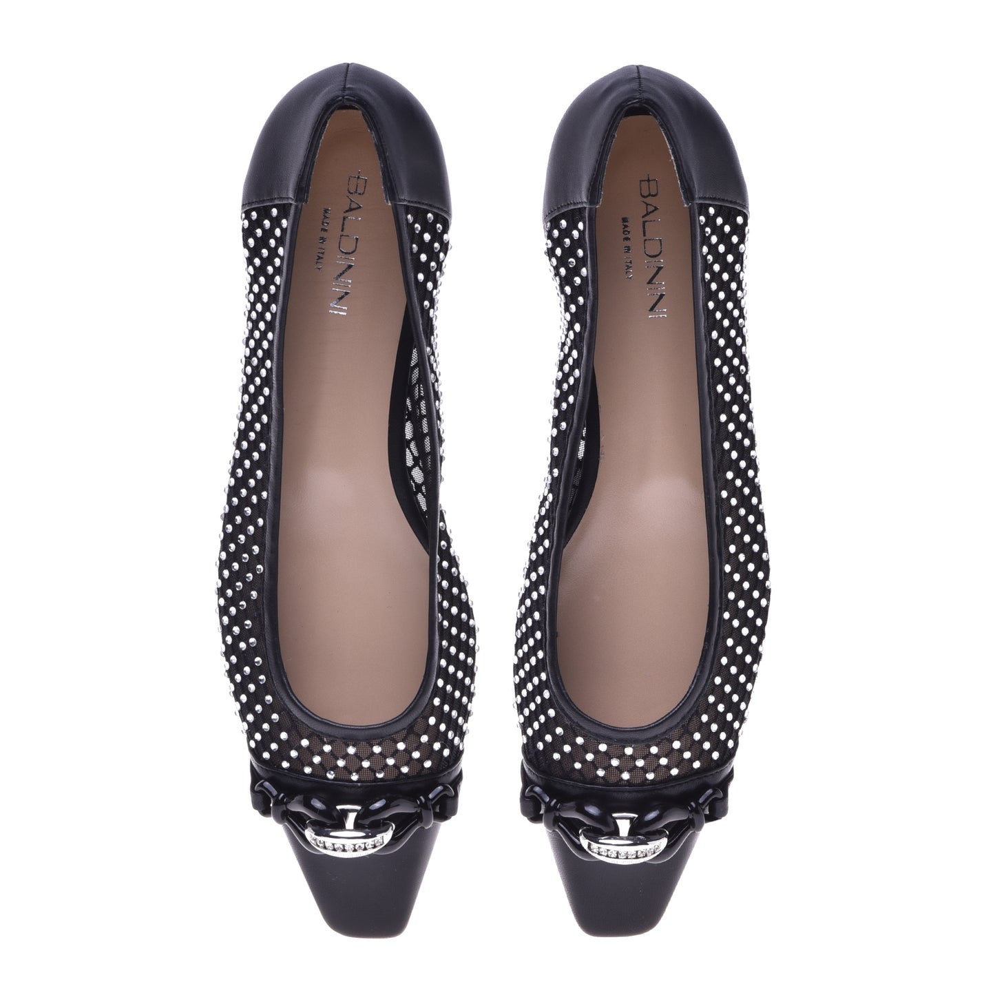 Ballerine noire en cuir de veau, résille et strass